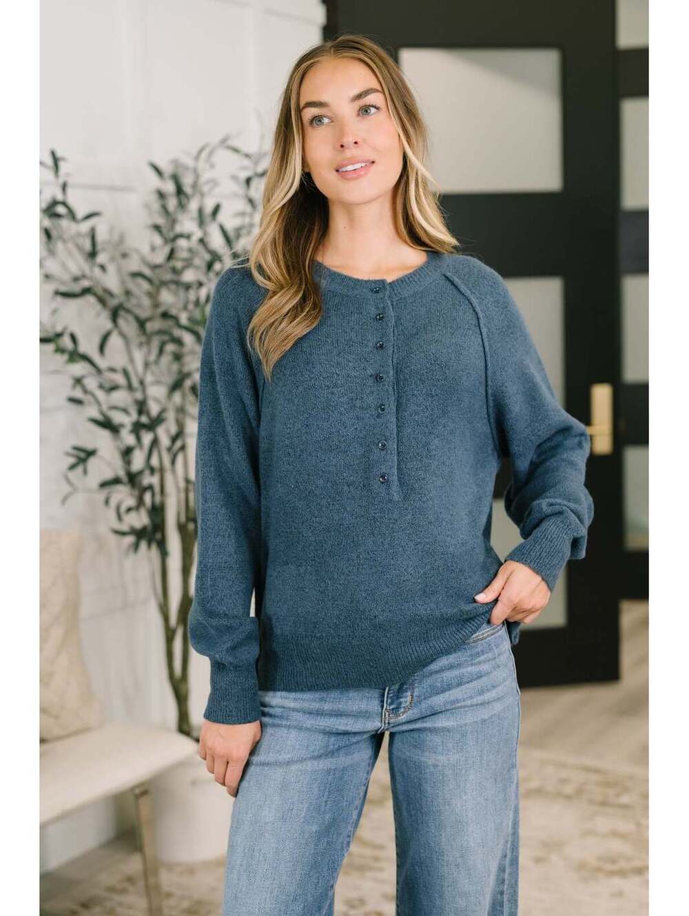 Just For Me Henley Brushed Pullover in Dusty Blue